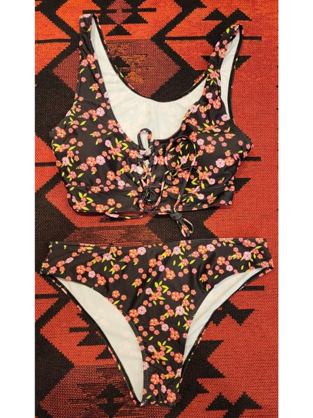 NEW Women's Floral High-Waisted Bikini Set With Lace-Up Top Black Multicolor XL